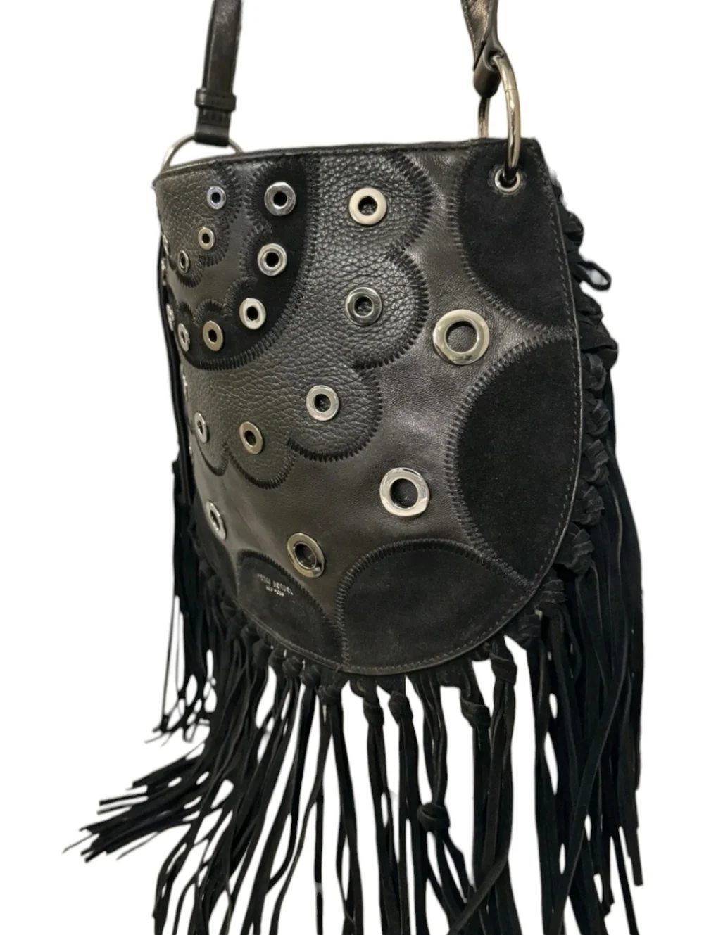 Henri Bendel Dylan Black Fringe Leather Hobo Rivet Crossbody Bag + Dustbag